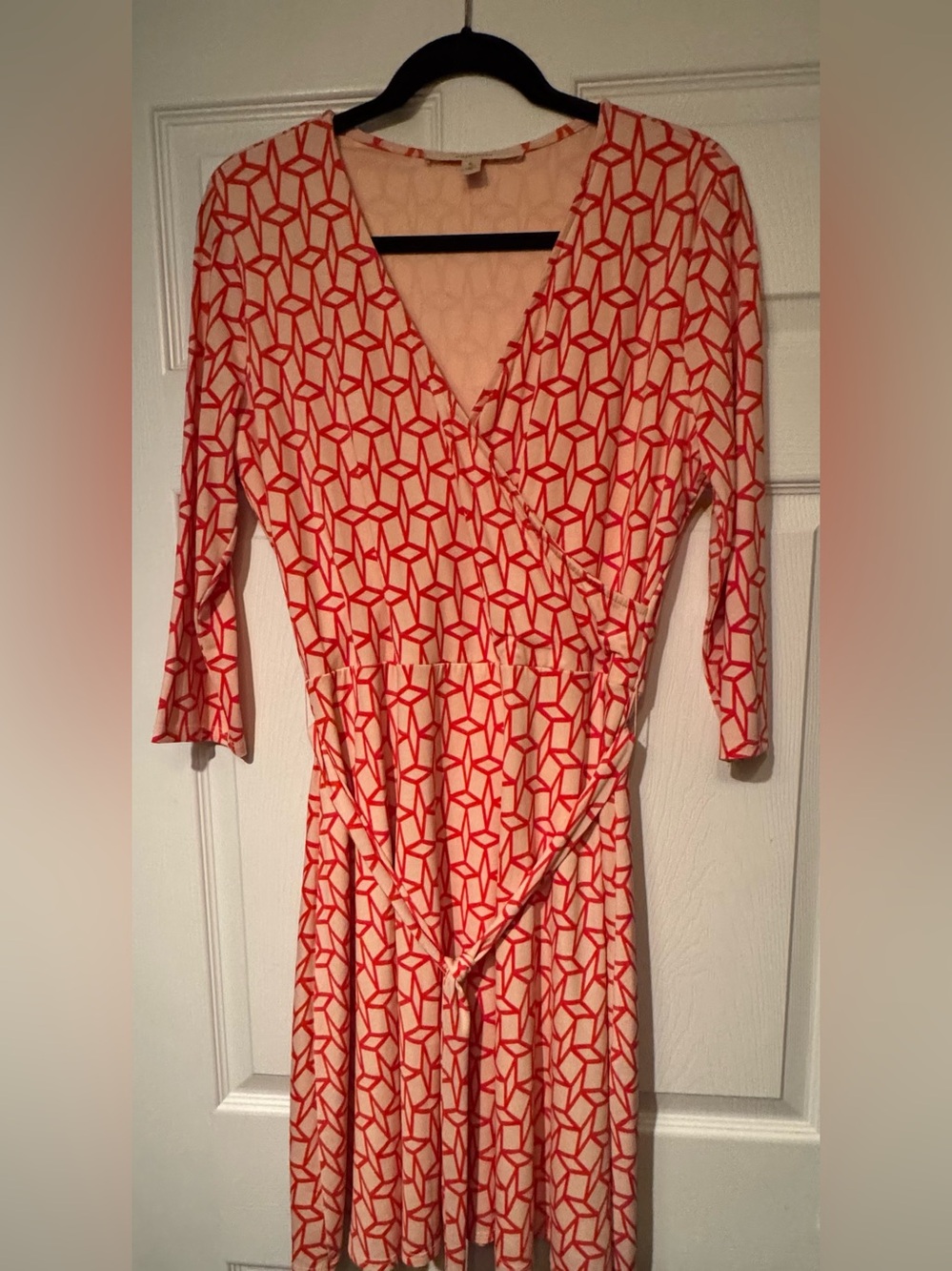 41 Hawthorn Sz XL Cream Peach Coral Geometric Faux Wrap Midi Dress w/ belt
